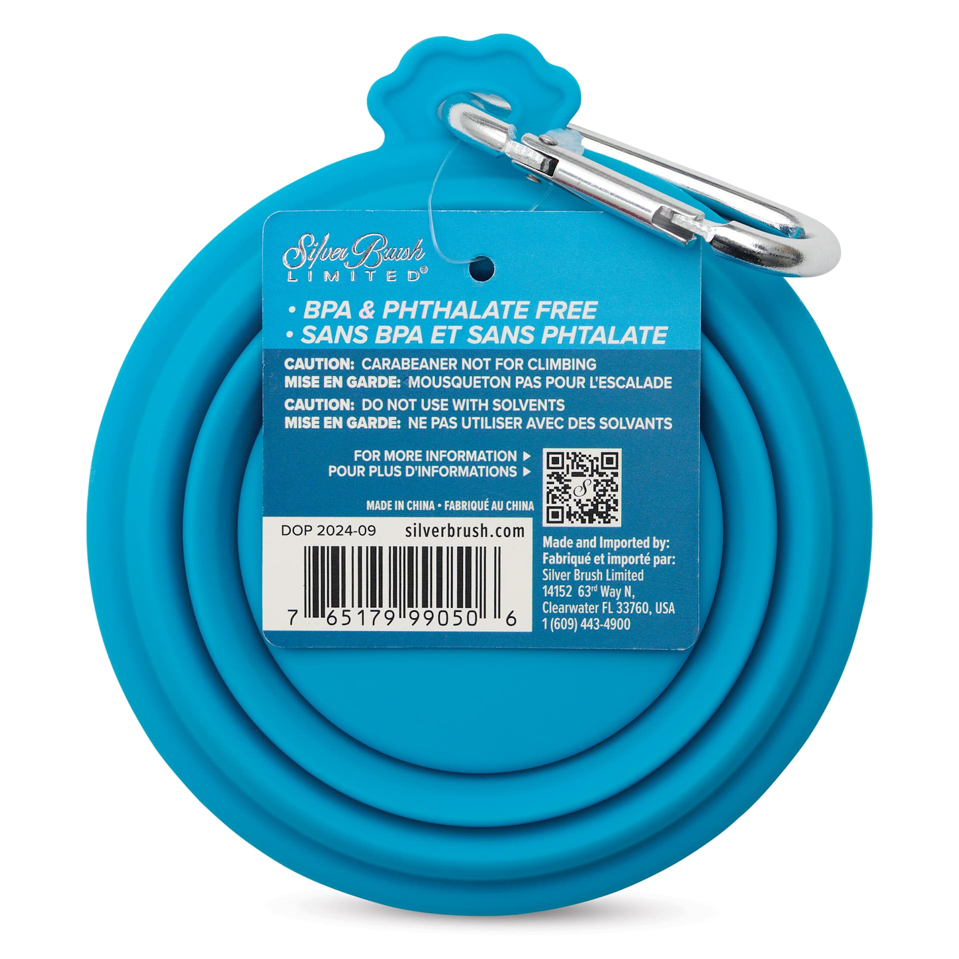 Silver Brush Collapsible Round Water Bowl - Teal, back of the label