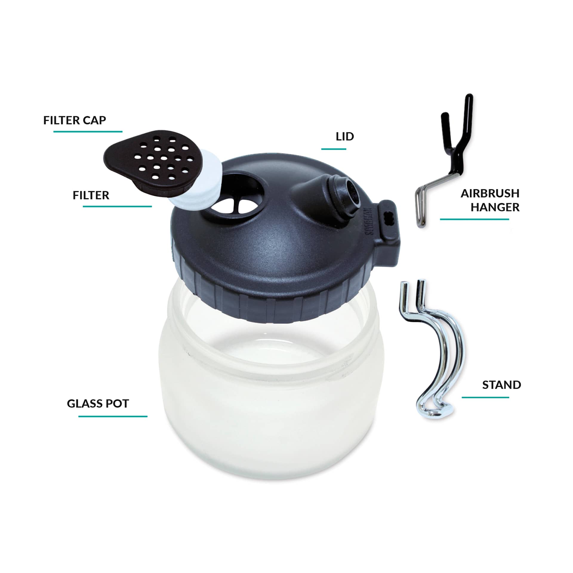 Filter cap, filter, lid, airbrush hanger, stand, and glass pot