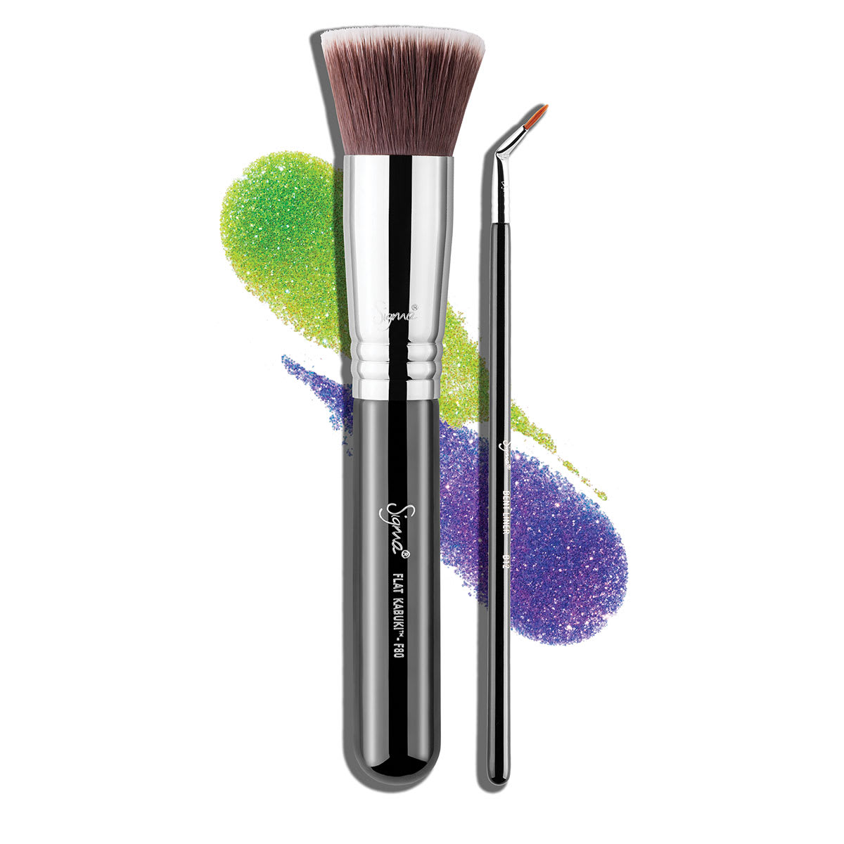 Sigma Beauty Brushes - Two brushes upright over bright green and purple makeup swatches