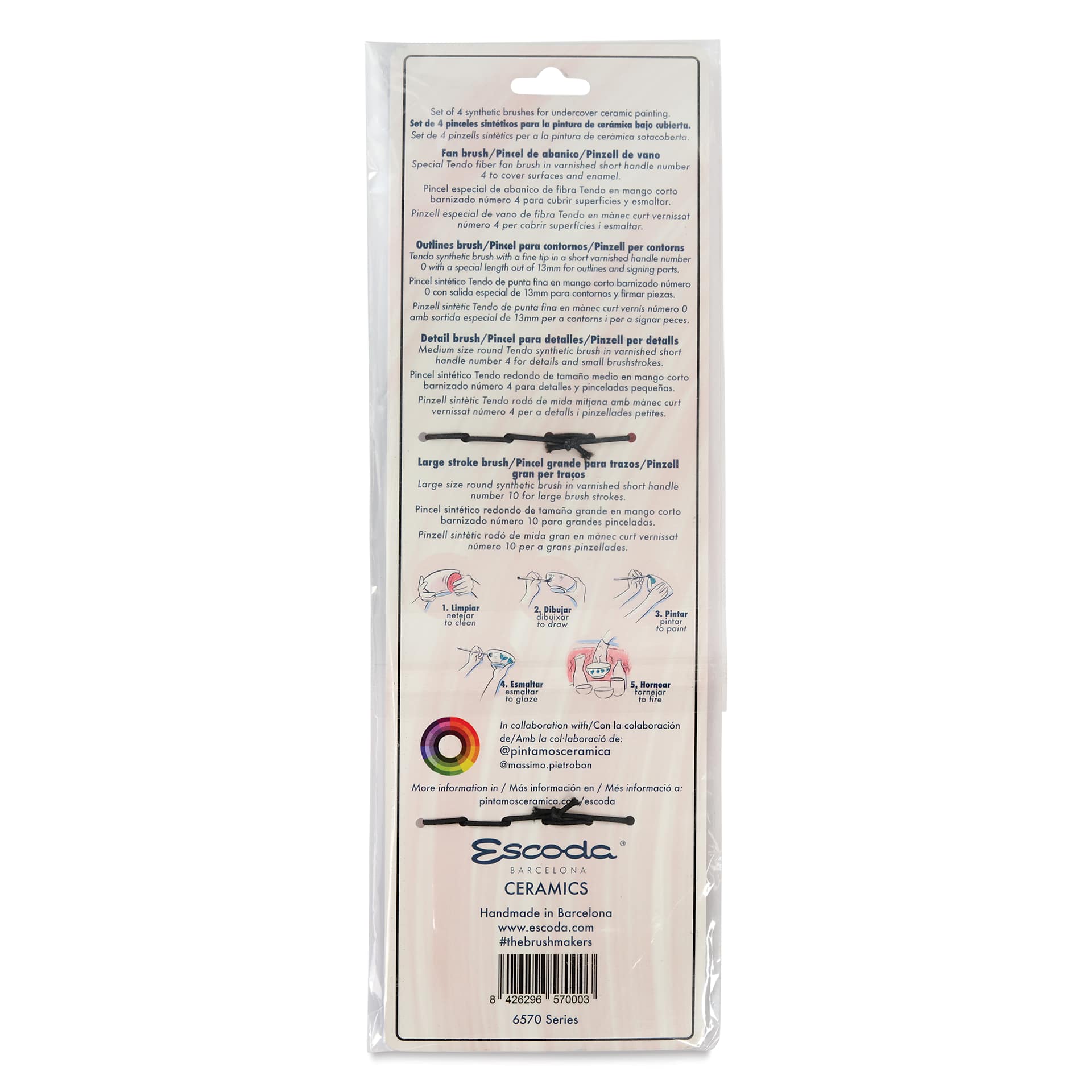 Escoda Ceramics Synthetic Brushes - Set of 4, Long Handle, back of the packaging
