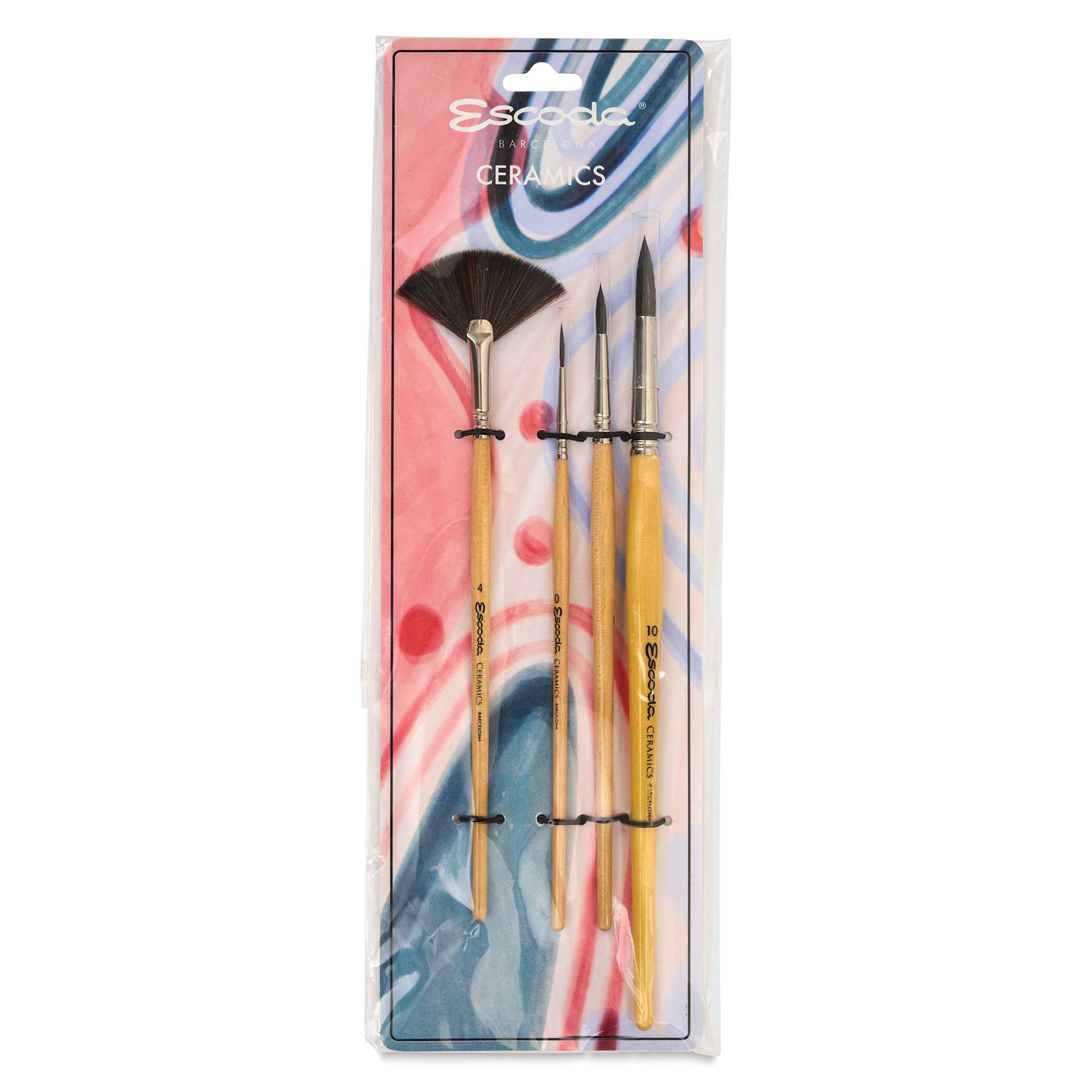 Escoda Ceramics Synthetic Brushes - Set of 4, Long Handle, front of the packaging Escoda Ceramics Synthetic Brushes - Set of 4, Long Handle, front of the packaging