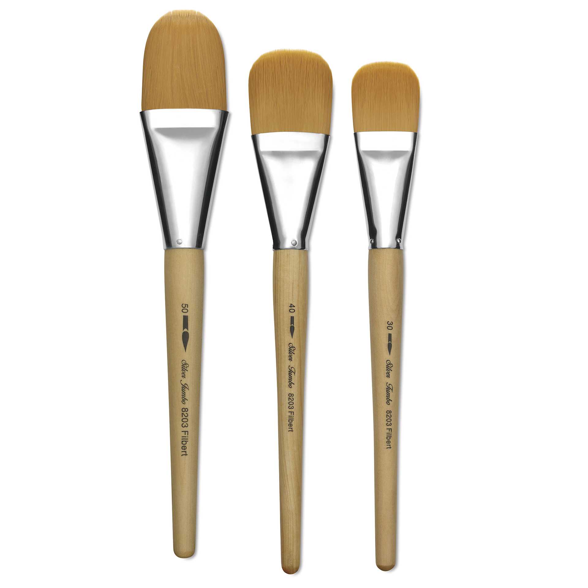 Silver Brush Silver Jumbo Golden Synthetic Filbert brushes laid out Silver Brush Silver Jumbo Golden Synthetic Filbert brushes laid out