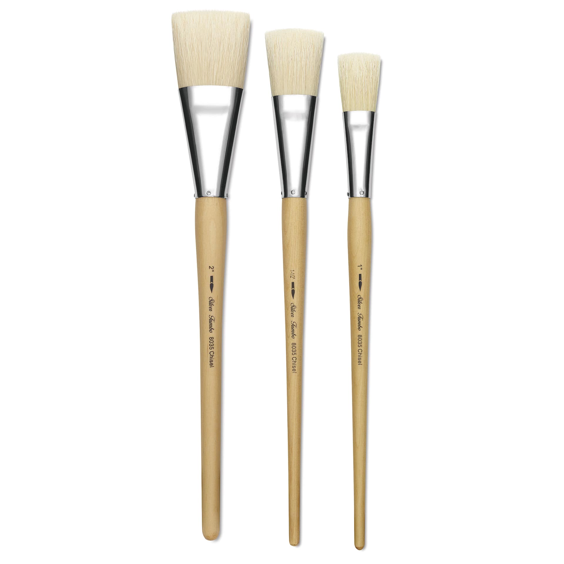Silver Brush Silver Jumbo White Hog Bristle, Extra Long Handle brushes laid out Silver Brush Silver Jumbo White Hog Bristle, Extra Long Handle brushes laid out