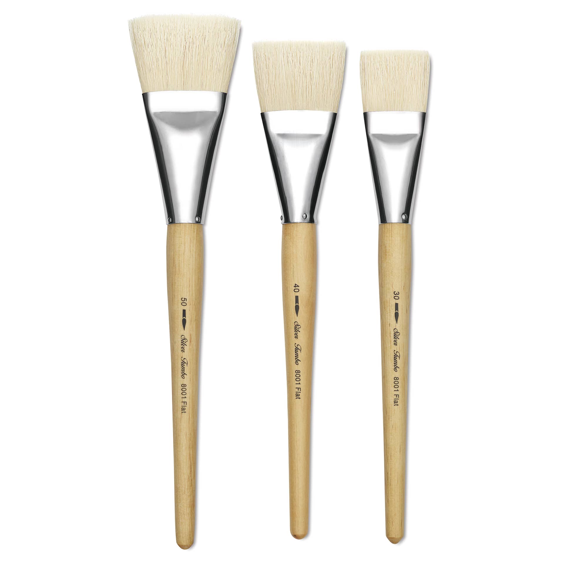 Silver Brush Silver Jumbo White Hog Bristle Flat brushes laid out Silver Brush Silver Jumbo White Hog Bristle Flat brushes laid out