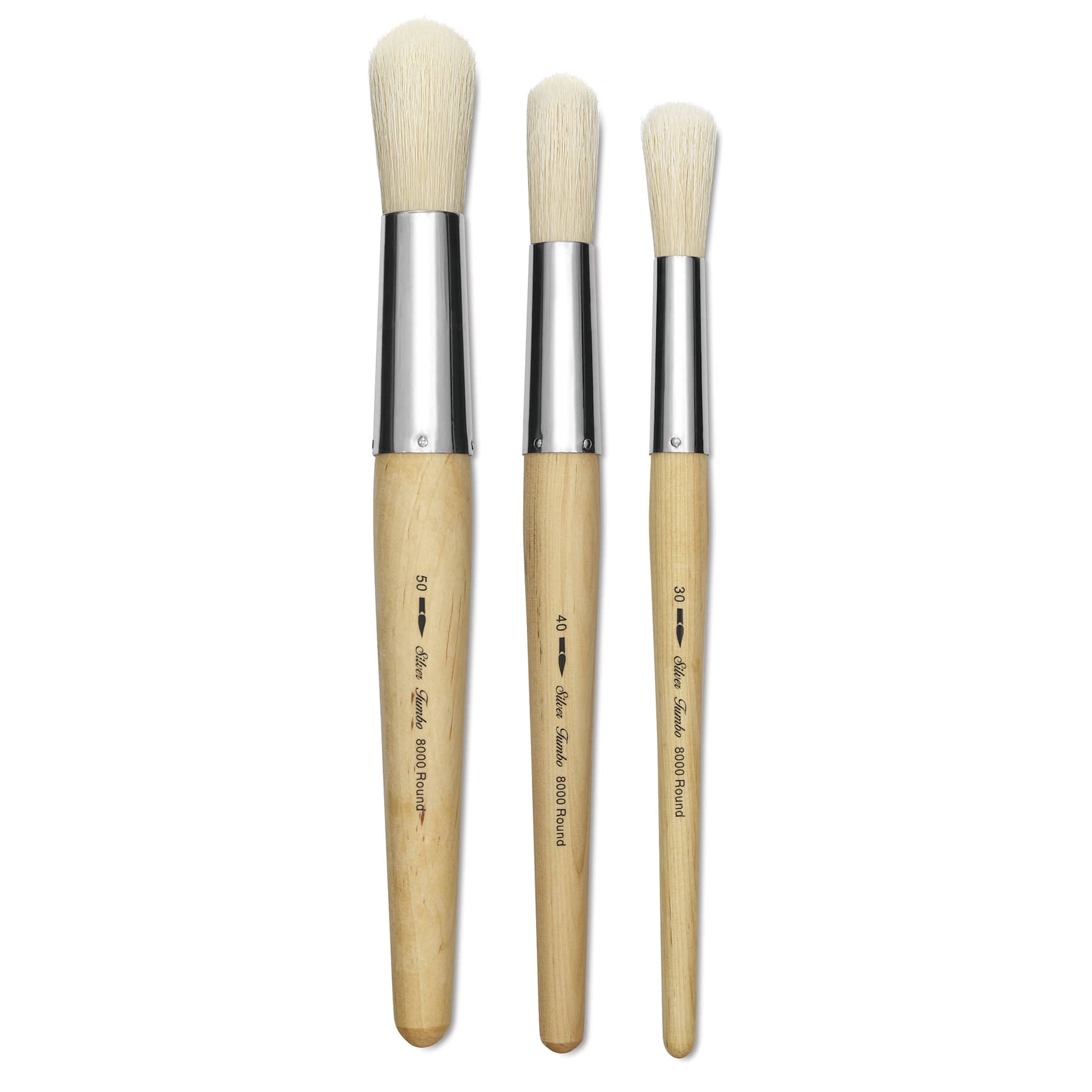Silver Brush Silver Jumbo White Hog Bristle Round brushes laid out Silver Brush Silver Jumbo White Hog Bristle Round brushes laid out