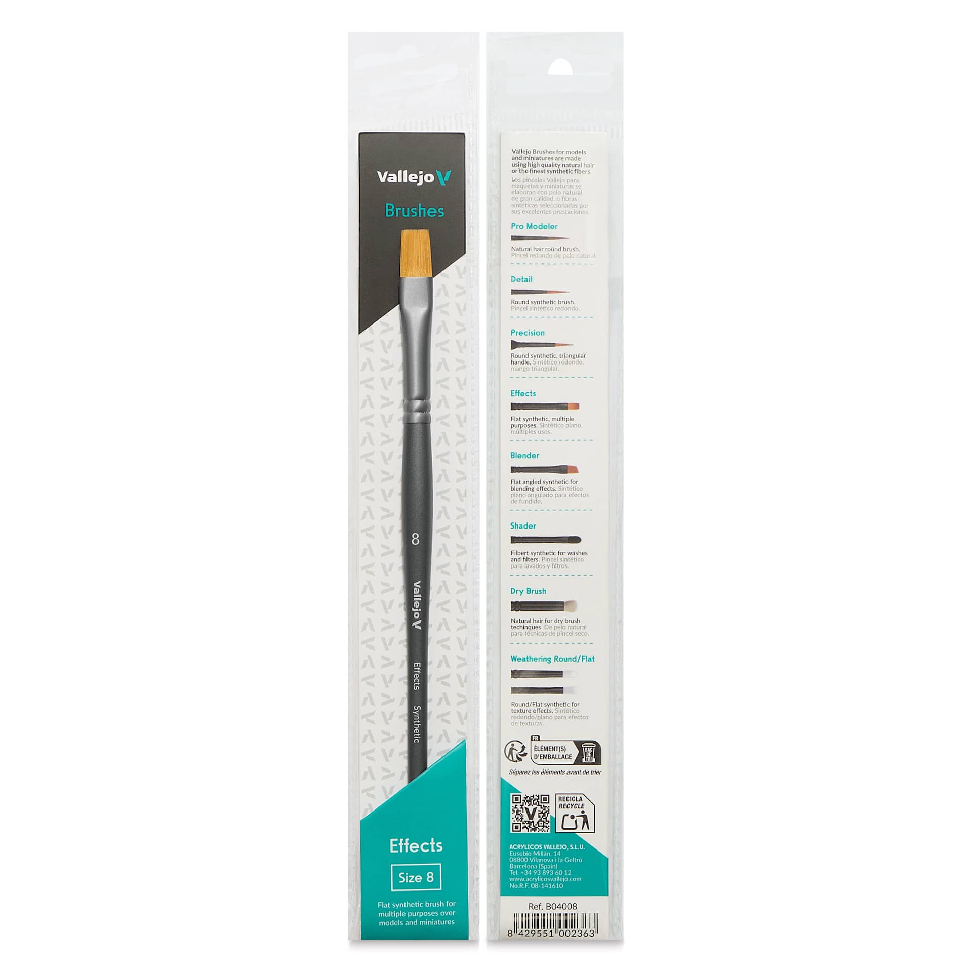 Vallejo Synthetic Golden Toray Hobby Brush - Effects Flat, Size 8, front and back of packaging