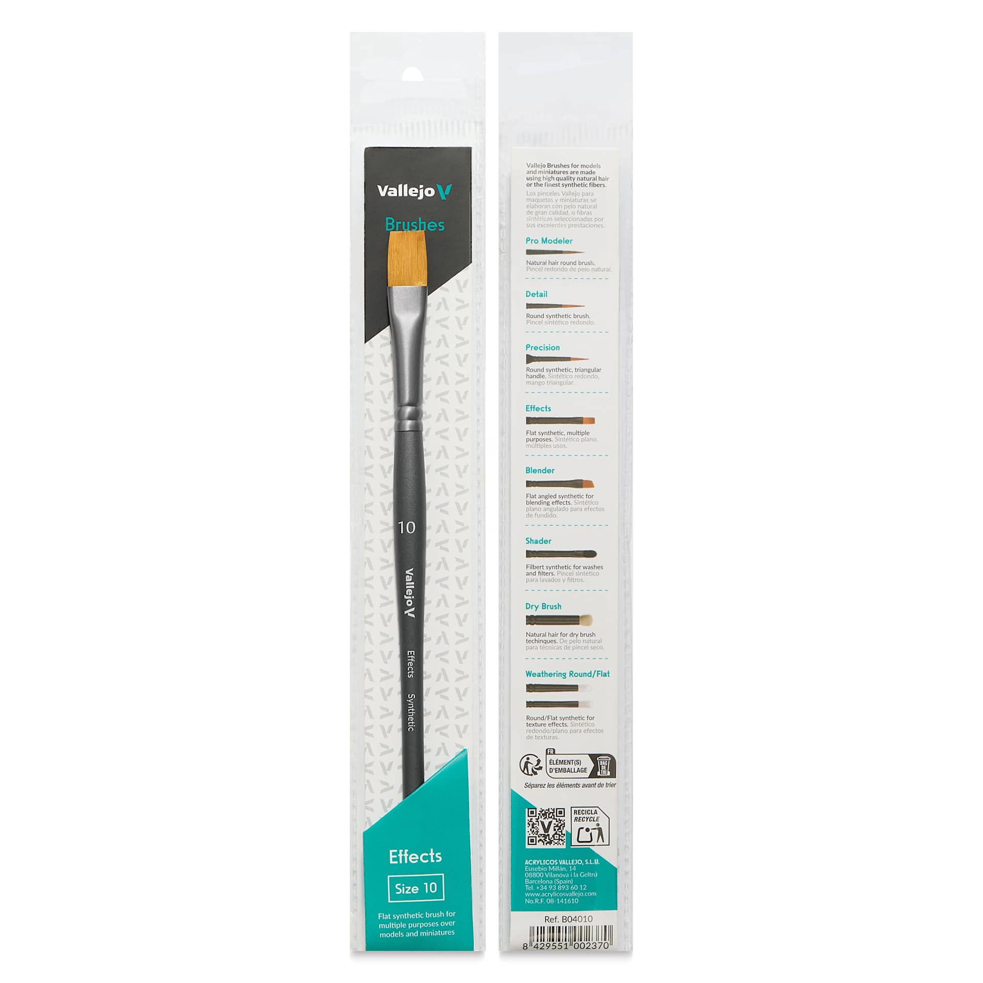Vallejo Synthetic Golden Toray Hobby Brush - Effects Flat, Size 10, front and back of packaging