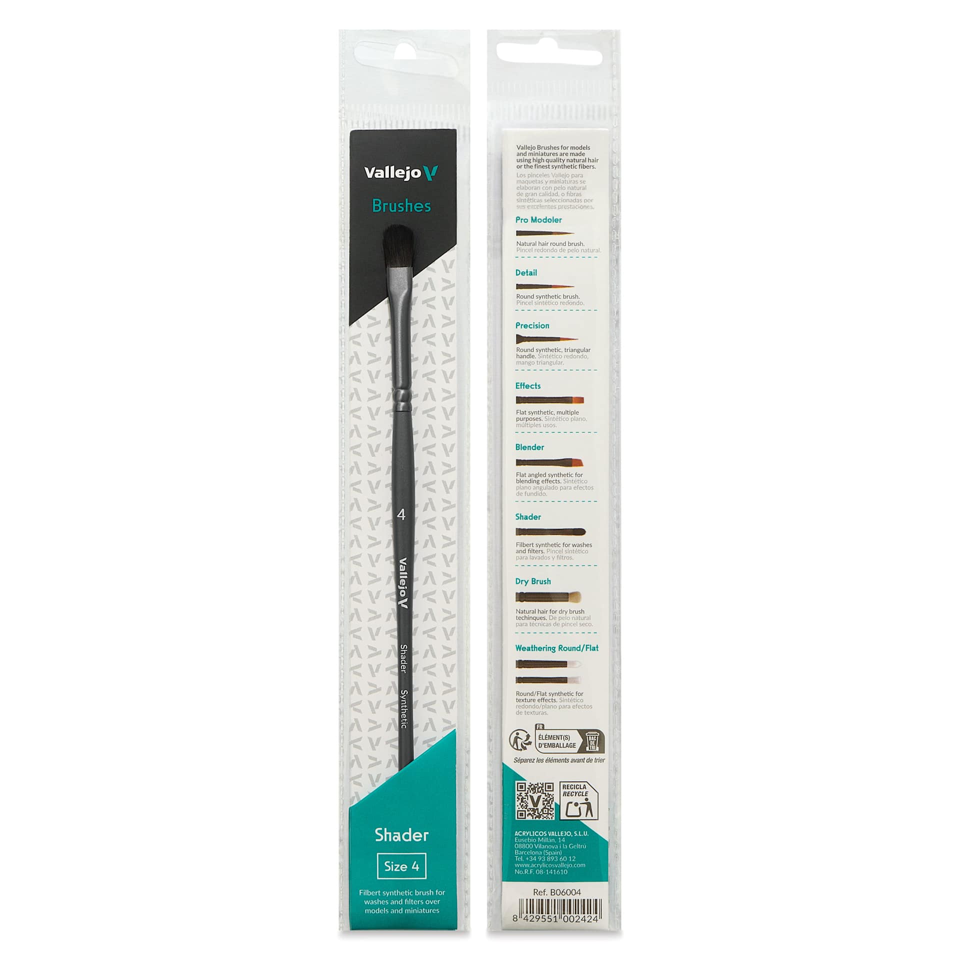 Vallejo Synthetic Squirrel Hobby Brush - Filbert Shader, Size 4, front and back of packaging