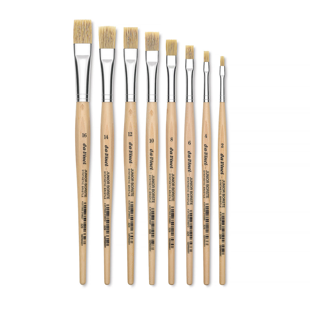 Da Vinci Junior Synthetic Bristle Brushes - Set of 8 Flat brushes shown upright