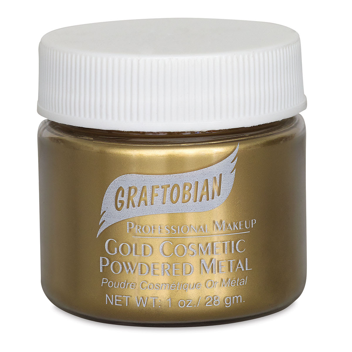 Graftobian Metal Mania Powder - Front view of jar of Gold  Powdered Metal