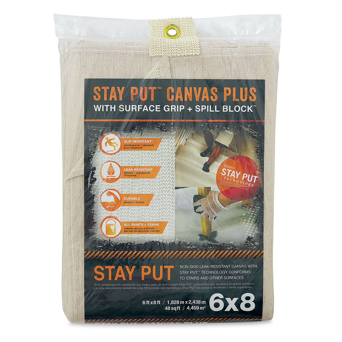 Trimaco Stay Put Canvas Drop Cloth - Front of 6' x 8' Drop cloth with Spill block package shown