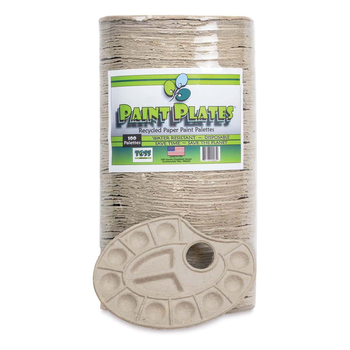Toss Paint Plates Disposable Palettes - Front view of Pkg of 100 plates with one separate