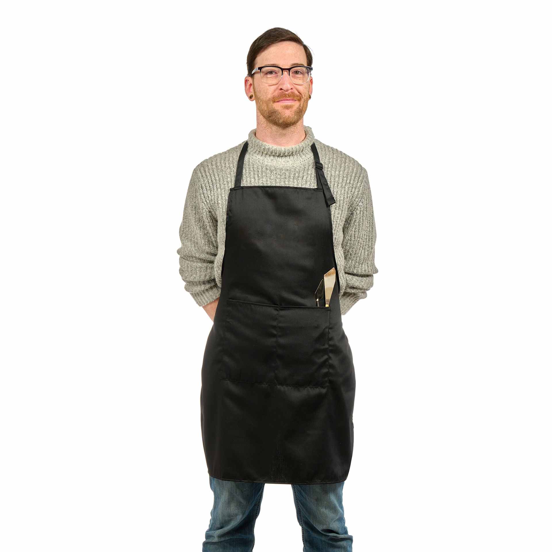 Front view of Blick Classic Black Apron on a person Front view of Blick Classic Black Apron on a person