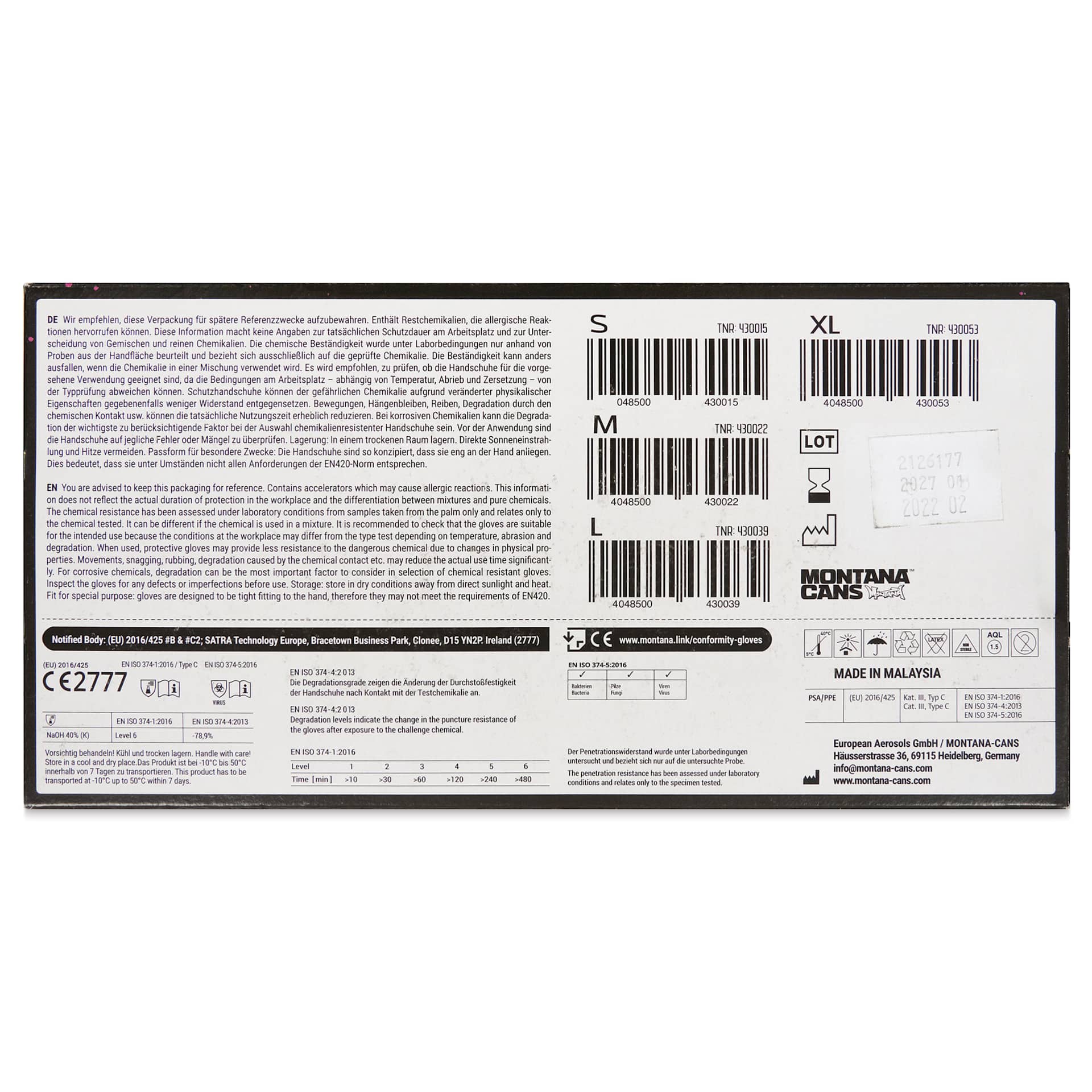Montana Nitrile Gloves - Large, Pkg of 100 Pairs. back of the packaging