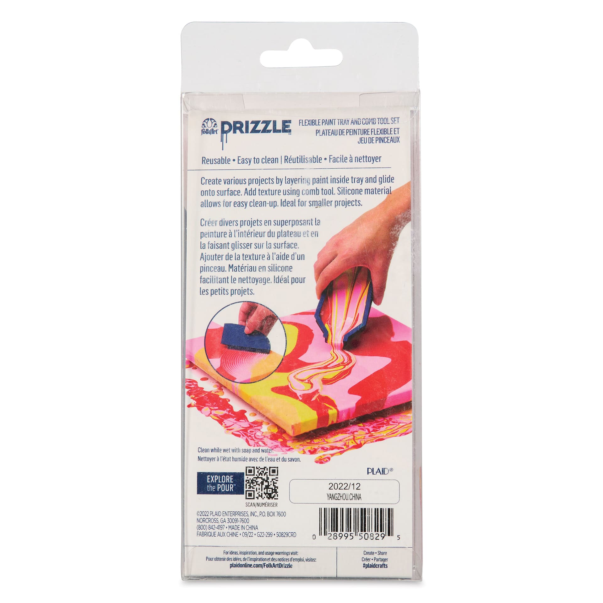 FolkArt Drizzle Flexible Paint Tray and Comb Tools - Set of 2, back of the packaging