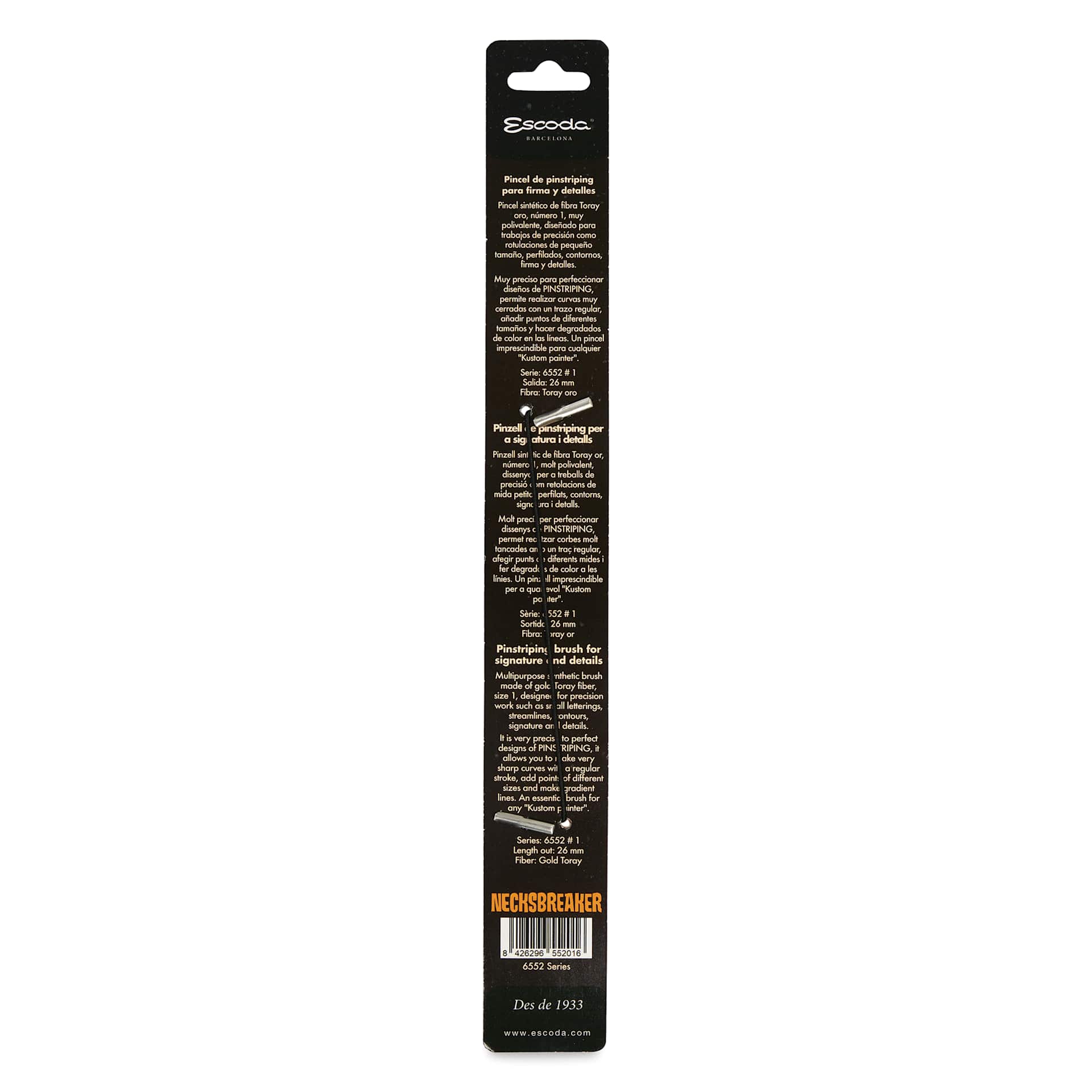 Escoda Necksbreaker Toray Gold Synthetic Pinstriping Brush - Detail Round, back of packaging