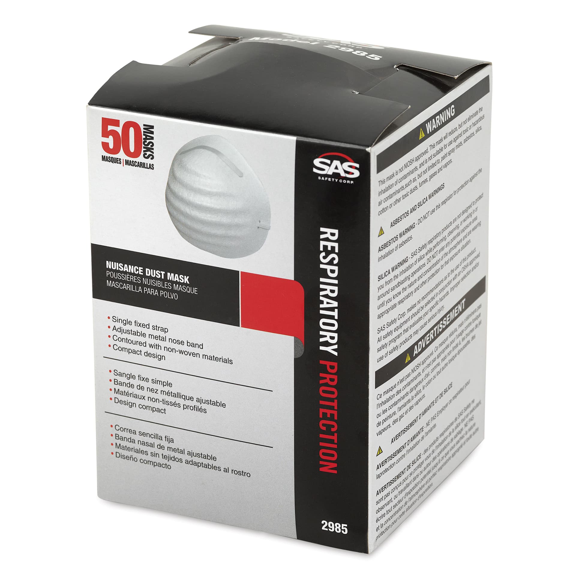 SAS Nuisance Dust Mask - Pkg of 50 - front of packaging, angled view