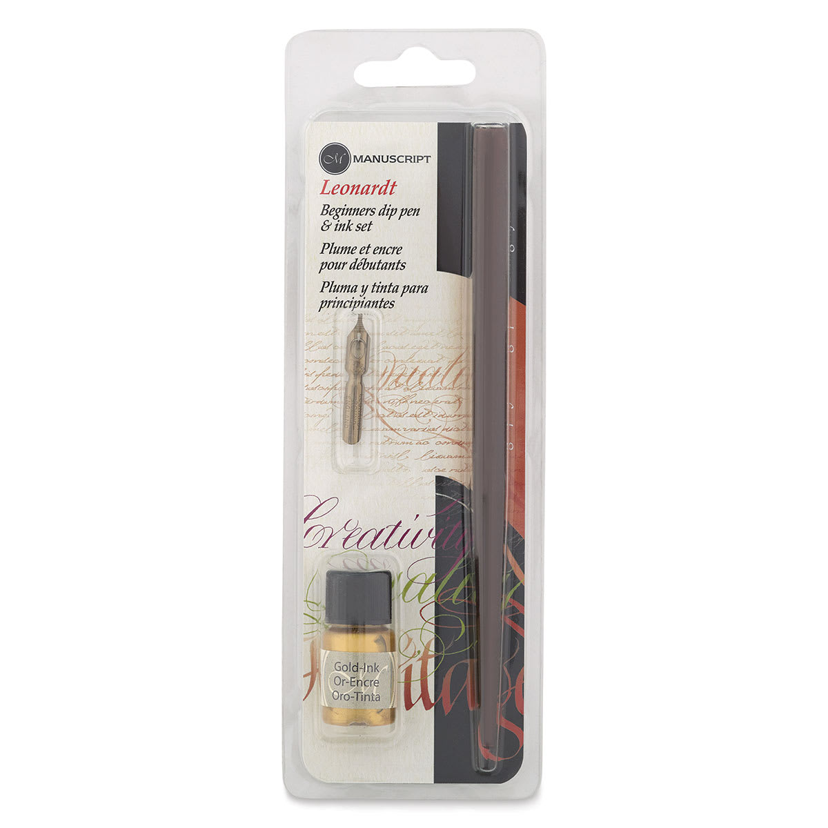 Manuscript Leonardt Beginners Dip Pen Sets - Front of blister package of Dip Pen and Gold Ink Manuscript Leonardt Beginners Dip Pen Sets - Front of blister package of Dip Pen and Gold Ink