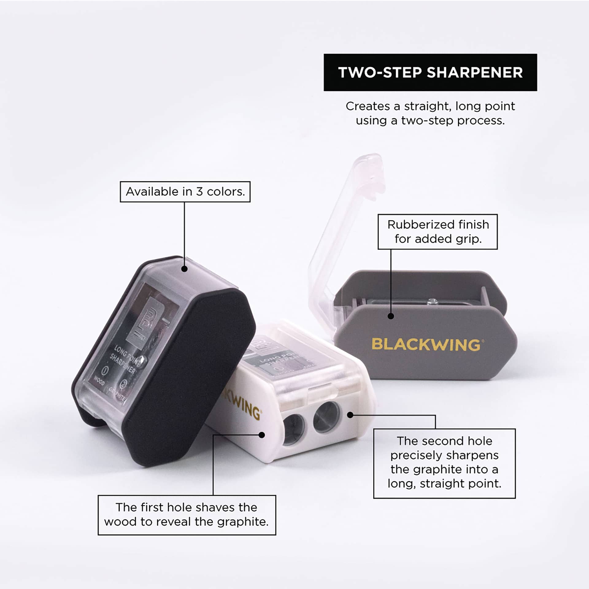 Blackwing Two-Step Long Point Pencil Sharpeners, features