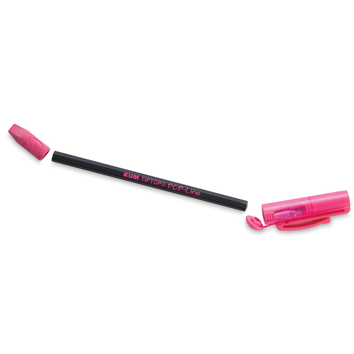Kum Tip-Top Pencil and Sharpener, single pencil with cap and eraser removed and adjacent
