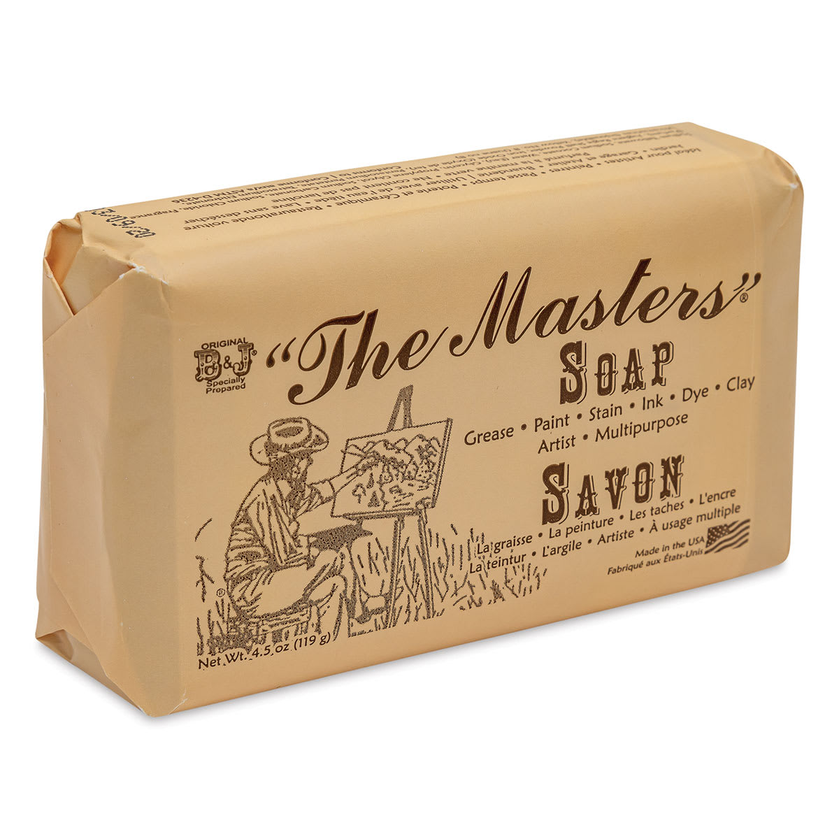 The Masters Artist's Hand Soap - angled view of Front of package of bar, 4.5 oz size The Masters Artist's Hand Soap - angled view of Front of package of bar, 4.5 oz size