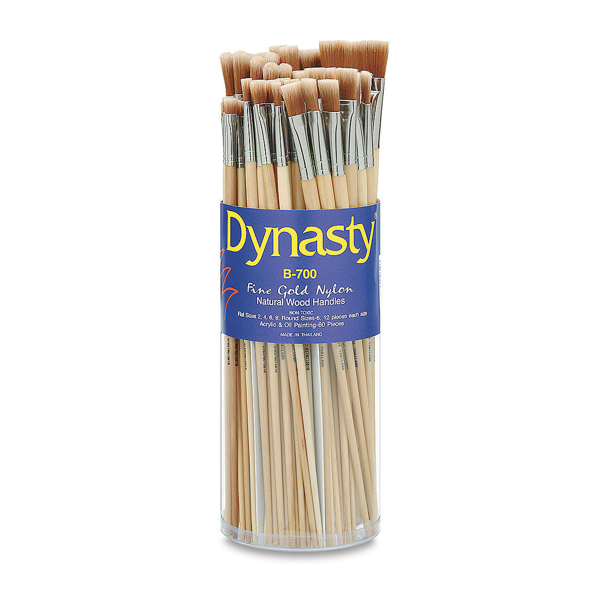 Dynasty Bright Gold Nylon Acrylic Brush Canisters - Front of canister of Assorted brushes