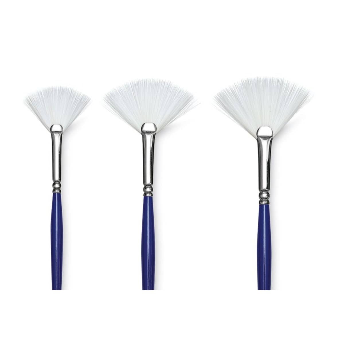Blick Scholastic Wonder White Synthetic Brushes - Fan Set of 3, Long Handles. Brushes in row. Blick Scholastic Wonder White Synthetic Brushes - Fan Set of 3, Long Handles. Brushes in row.