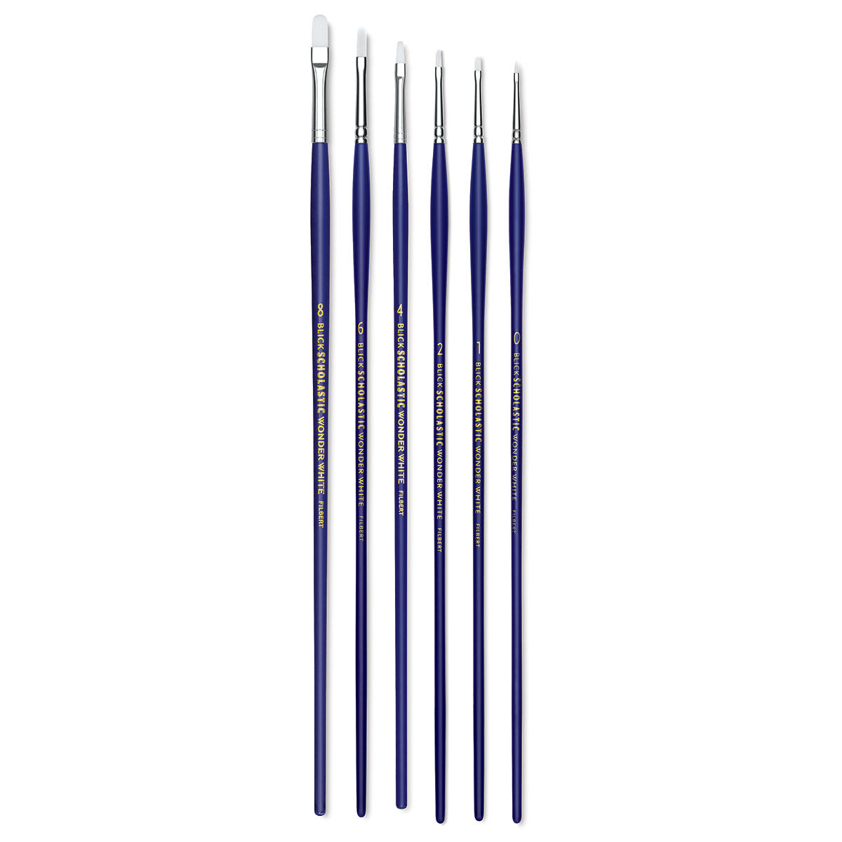 Blick Scholastic Wonder White Synthetic Brush Set - Filbert Set of 6, Long Handles. Brushes in row. Blick Scholastic Wonder White Synthetic Brush Set - Filbert Set of 6, Long Handles. Brushes in row.