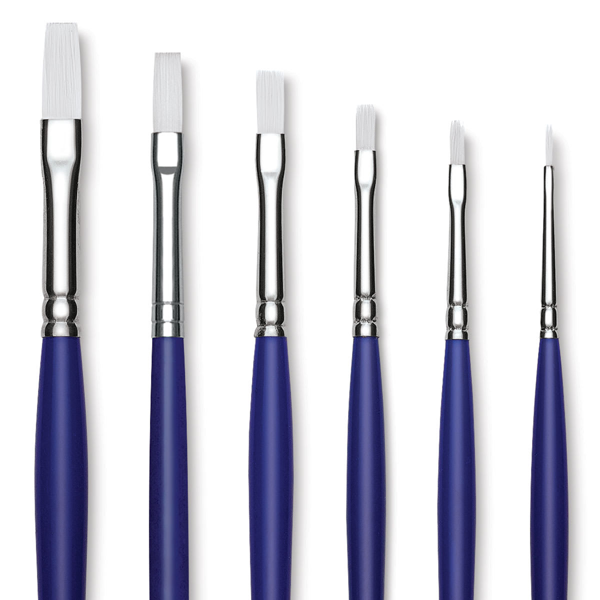 Blick Scholastic Wonder White Synthetic Brushes - Flat Set of 6, Long Handles. Brushes in row.