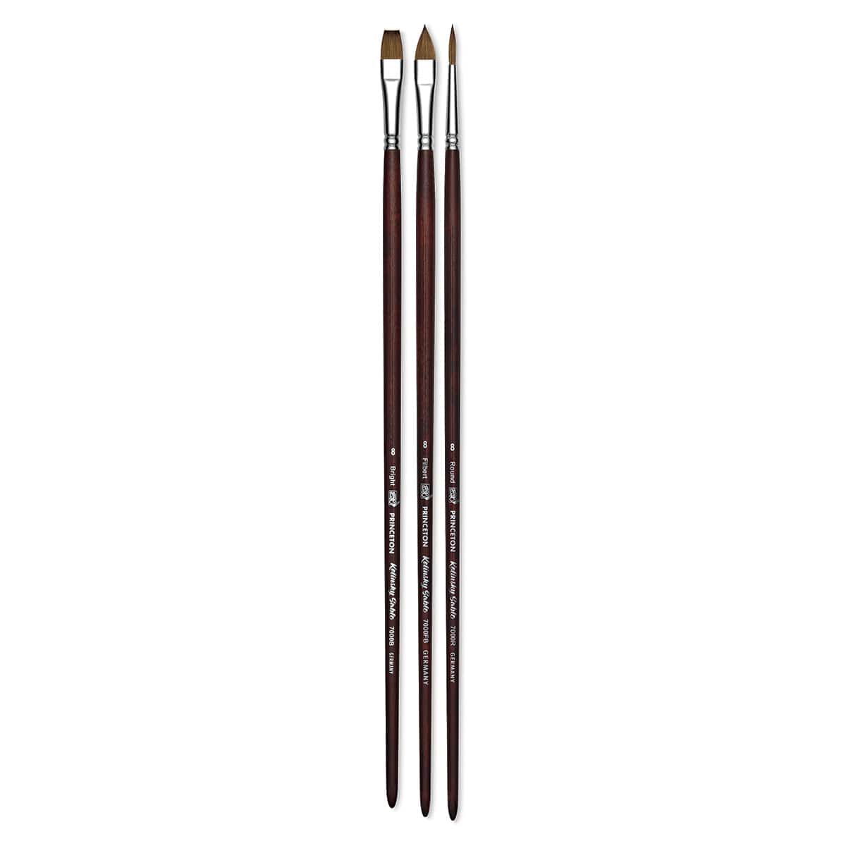 Princeton Siberia Series 7000 Natural Kolinsky Sable Brushes - Three brushes shown upright
