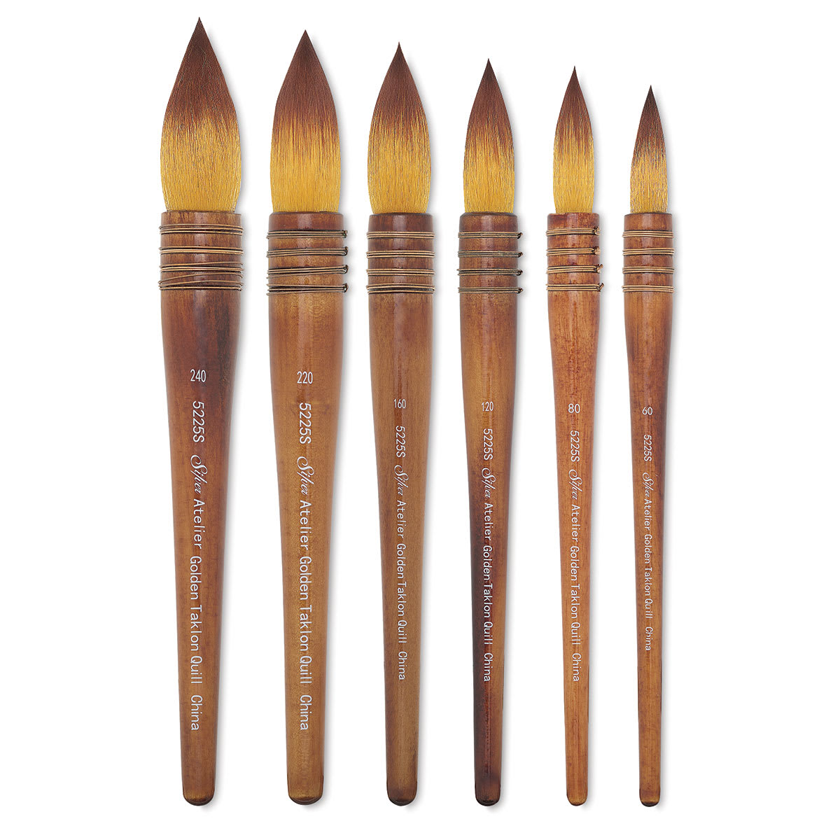 Quill Series Golden Taklon Brushes - 6 Brushes shown upright