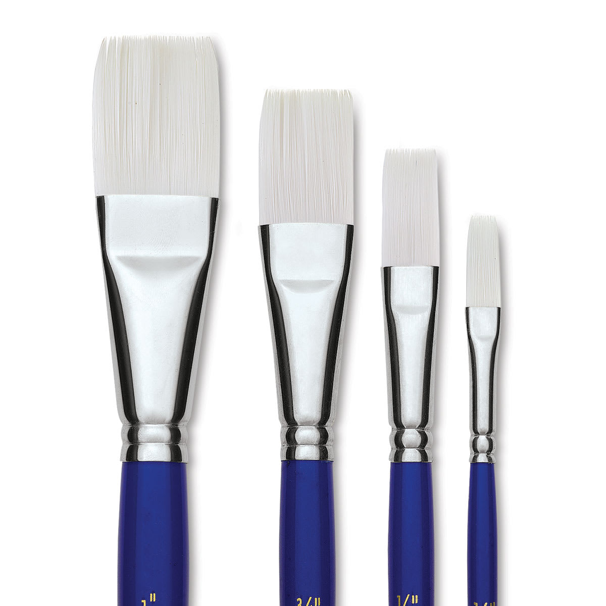 Blick Scholastic Wonder White Synthetic Brushes-One Stroke Set of 4, Short Handles. Brushes in row.