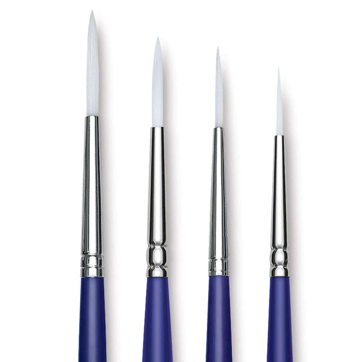Blick Scholastic Wonder White Synthetic Brushes - Script, Short Handle, Set of 4. Row of brushes.