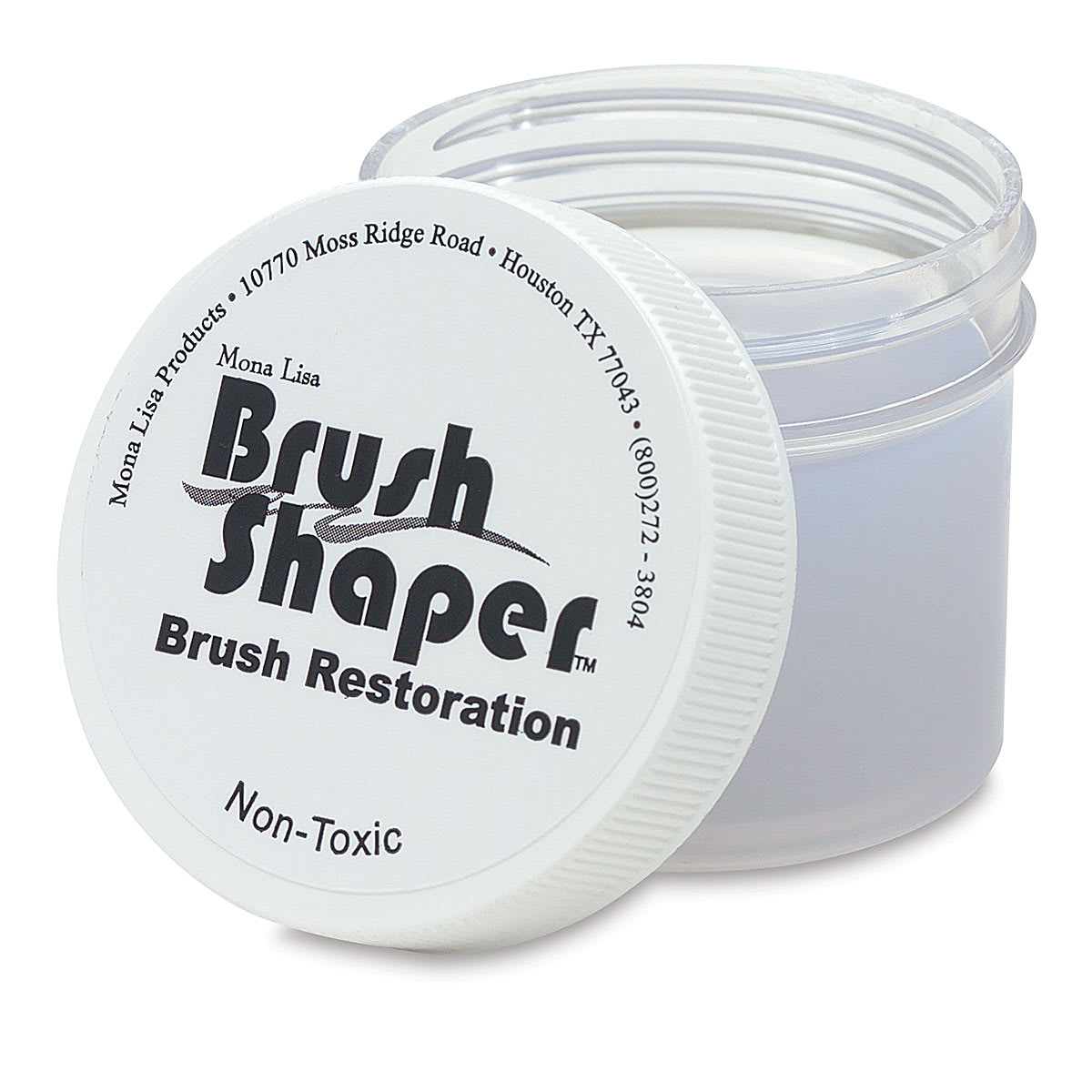 Mona Lisa Brush Shaper - 2 oz jar open with lid leaning against it Mona Lisa Brush Shaper - 2 oz jar open with lid leaning against it