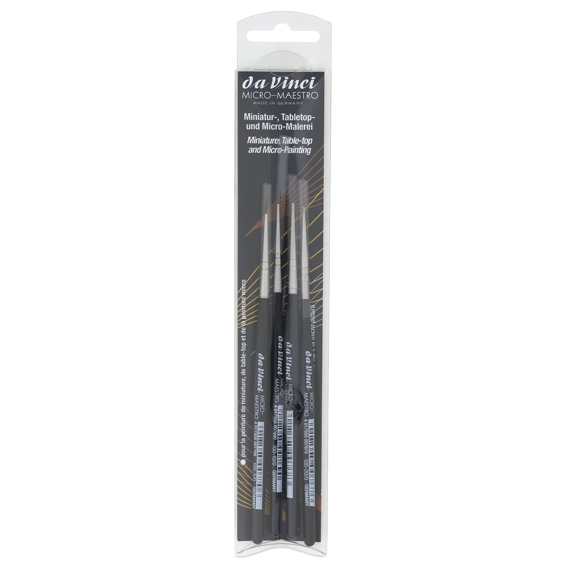 Da Vinci Micro Maestro Kolinsky Brushes - Round, Short Handle, Set of 4, front of the packaging Da Vinci Micro Maestro Kolinsky Brushes - Round, Short Handle, Set of 4, front of the packaging