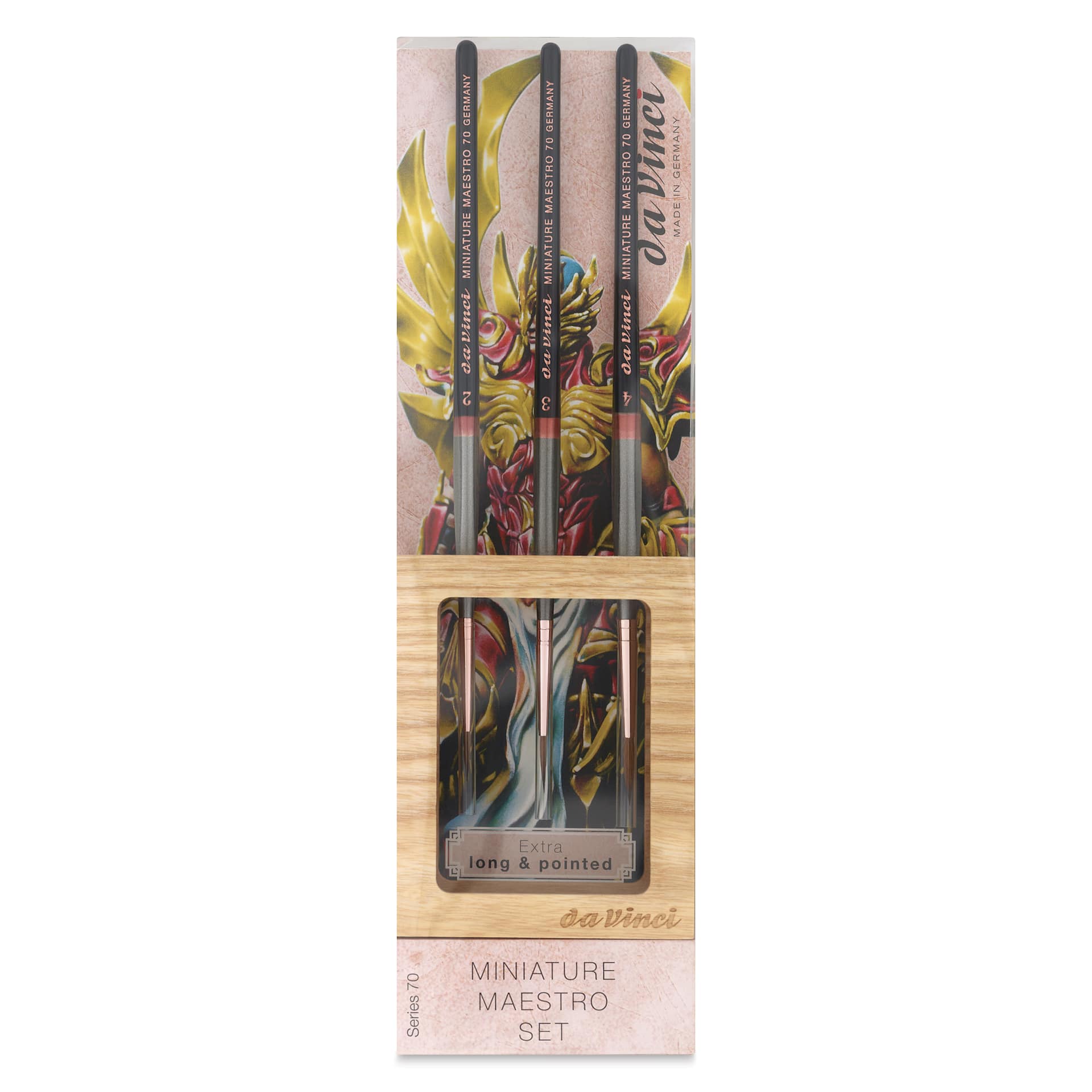 Da Vinci Maestro Kolinsky Miniature Brushes - Extra Long, Round Pointed, Set of 3, front of pack Da Vinci Maestro Kolinsky Miniature Brushes - Extra Long, Round Pointed, Set of 3, front of pack