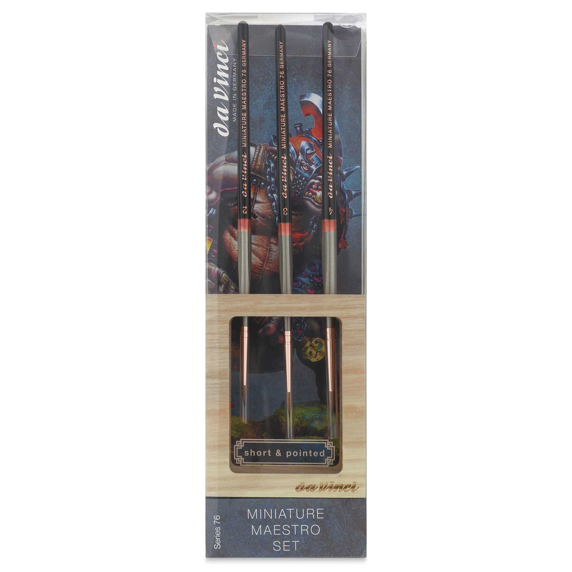 Da Vinci Maestro Kolinsky Miniature Brushes - Short, Round Pointed, Set of 3, front of pack Da Vinci Maestro Kolinsky Miniature Brushes - Short, Round Pointed, Set of 3, front of pack