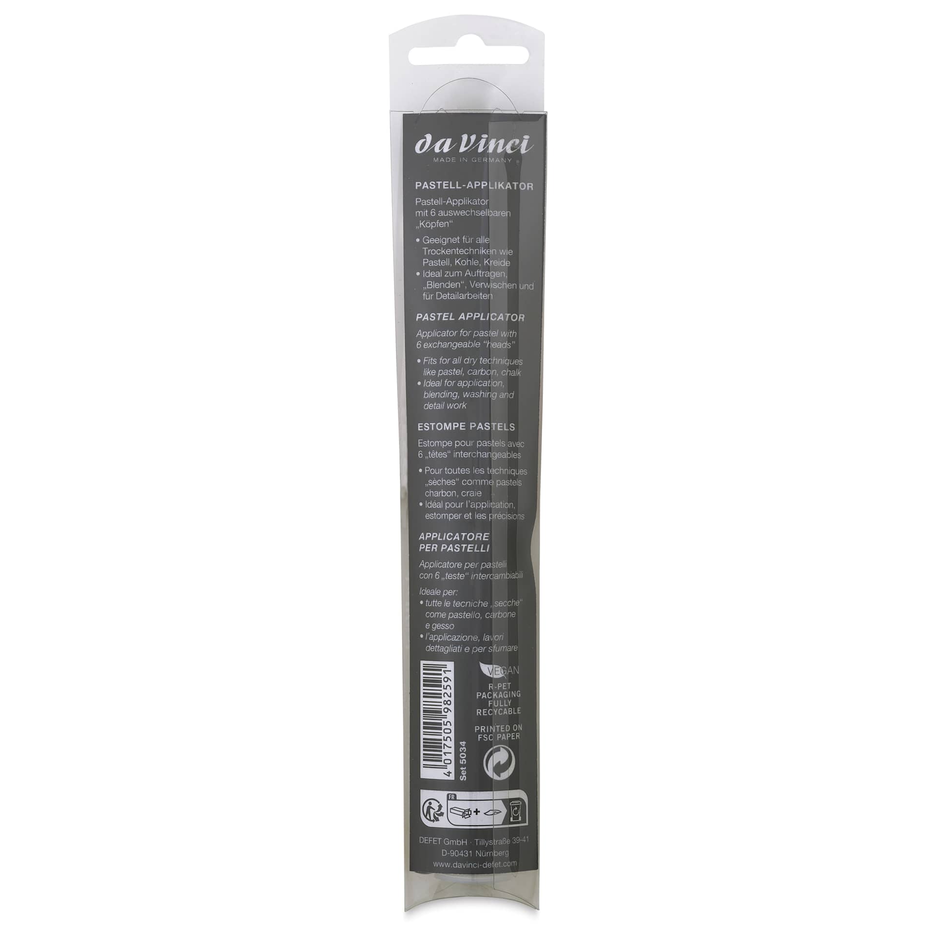 Da Vinci Pastel Applicator Set - Handle with Replacement Heads, back of the packaging