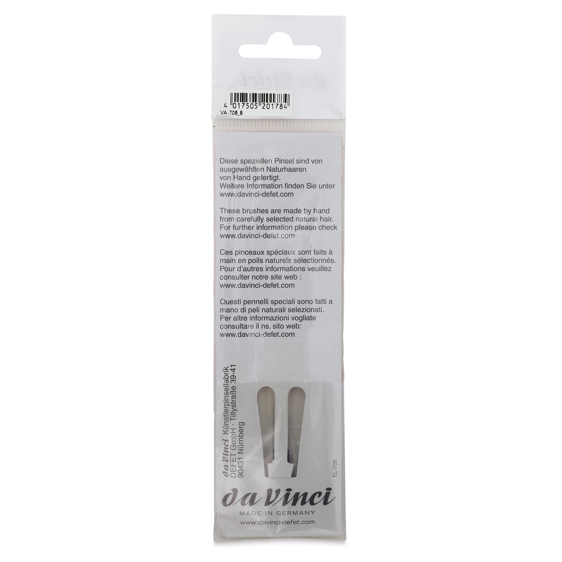 Da Vinci Scroll Striper Ox Hair Brush - Square Edge, Size 8, back of the packaging