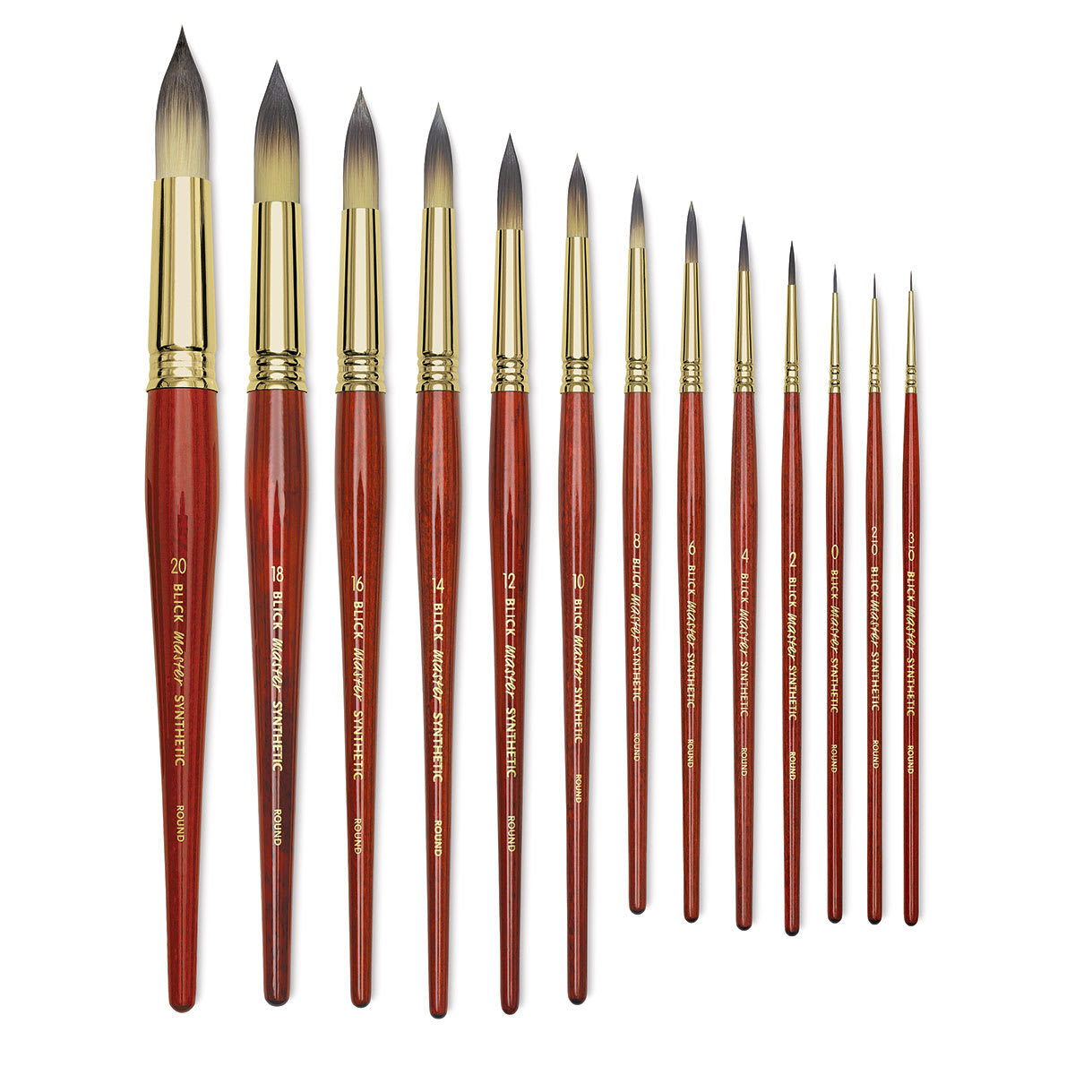 Blick Master Synthetic Mongoose Round Brushes in various sizes, full length of the brush shown