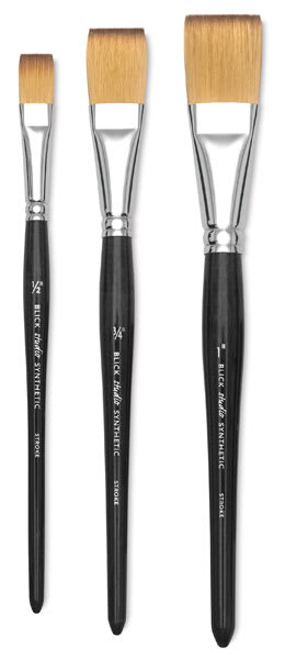 Blick Studio Short Handle Synthetic Brushes - 3 different sizes of One Stroke wash brush shown upright Blick Studio Short Handle Synthetic Brushes - 3 different sizes of One Stroke wash brush shown upright