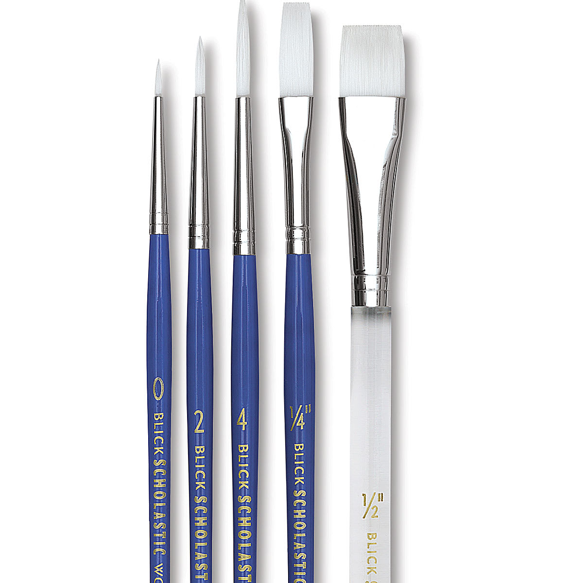 Blick Scholastic Wonder White Synthetic Brushes - Assorted Set of 5, Short Handle. Row of brushes.