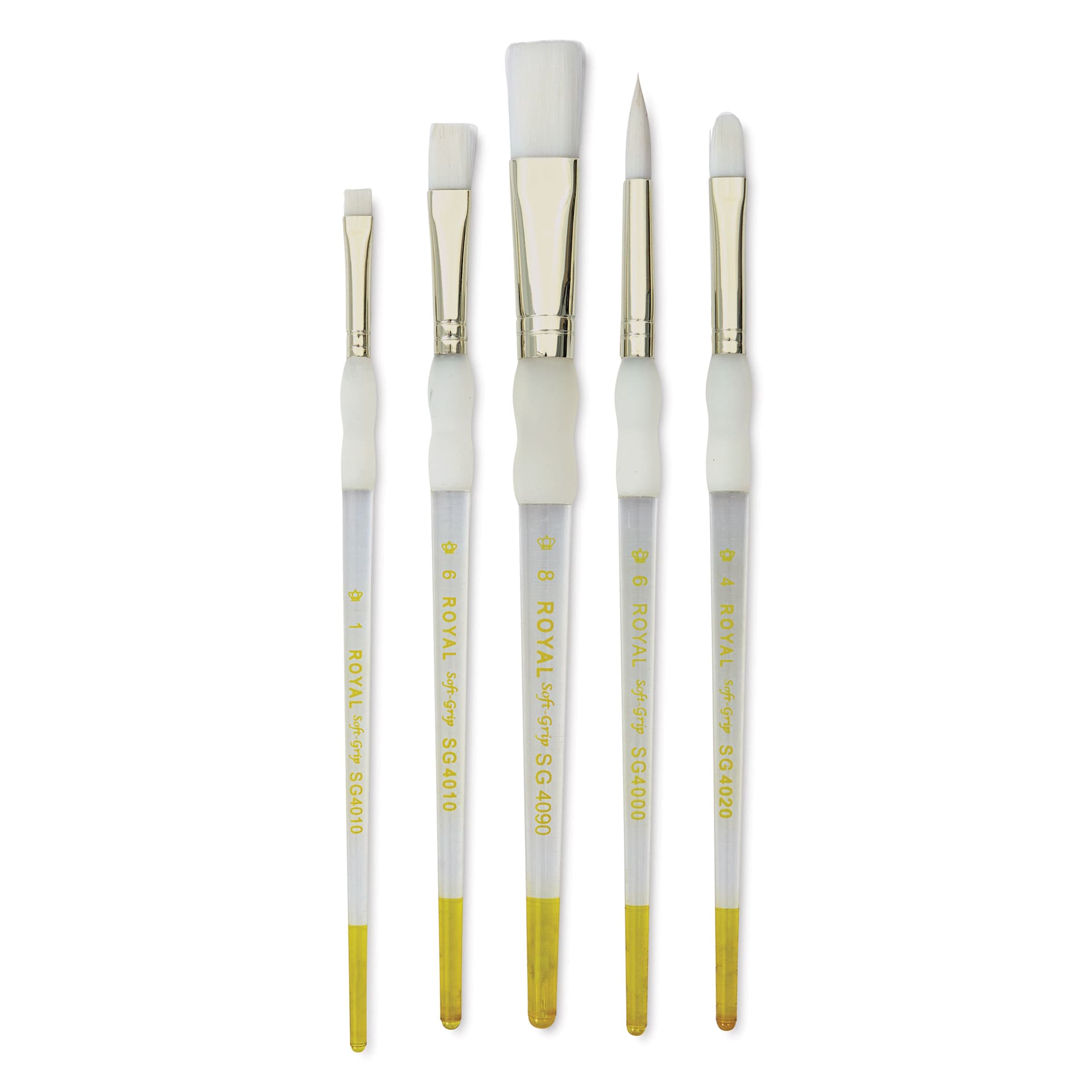 Royal & Langnickel Soft Grip White Taklon Brushes - Set 315, Short Handle, Set of 5, laid out Royal & Langnickel Soft Grip White Taklon Brushes - Set 315, Short Handle, Set of 5, laid out