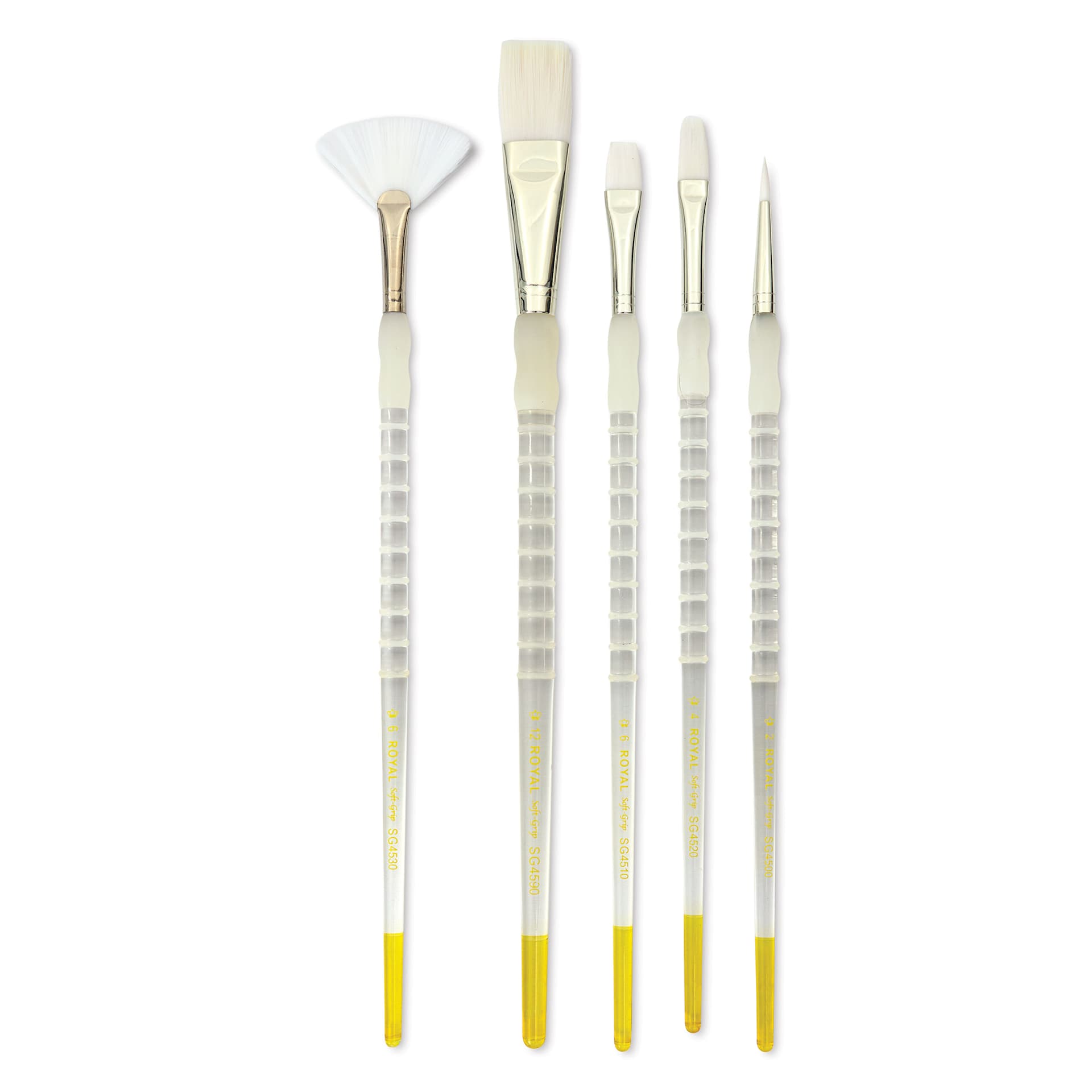 Royal & Langnickel Soft Grip White Taklon Brushes - Set 502, Long Handle, Set of 5, laid out Royal & Langnickel Soft Grip White Taklon Brushes - Set 502, Long Handle, Set of 5, laid out