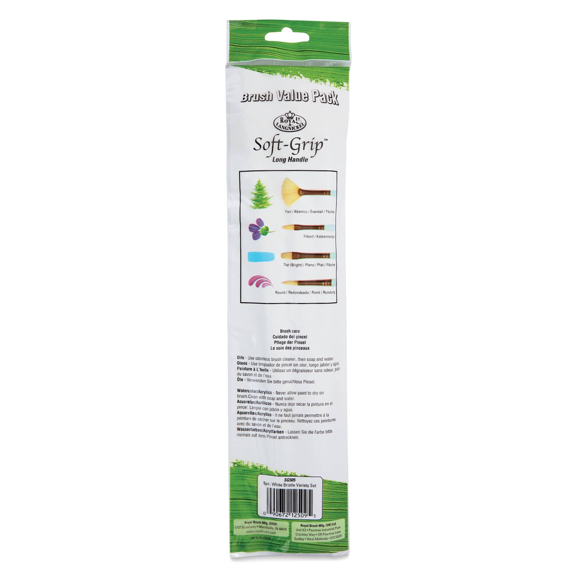 Royal & Langnickel Soft Grip White Hog Bristle Value Brushes - SG505, Set of 5, back of pack Royal & Langnickel Soft Grip White Hog Bristle Value Brushes - SG505, Set of 5, back of pack