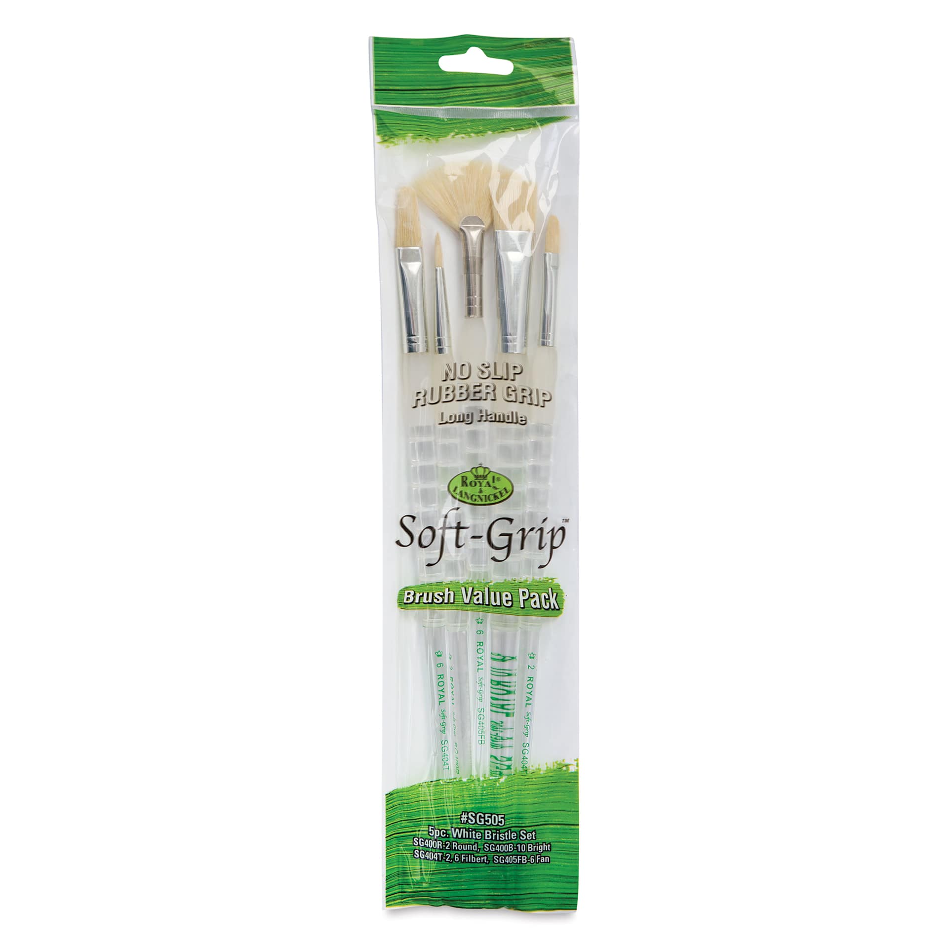 Royal & Langnickel Soft Grip White Hog Bristle Value Brushes - SG505, Set of 5, front of pack Royal & Langnickel Soft Grip White Hog Bristle Value Brushes - SG505, Set of 5, front of pack