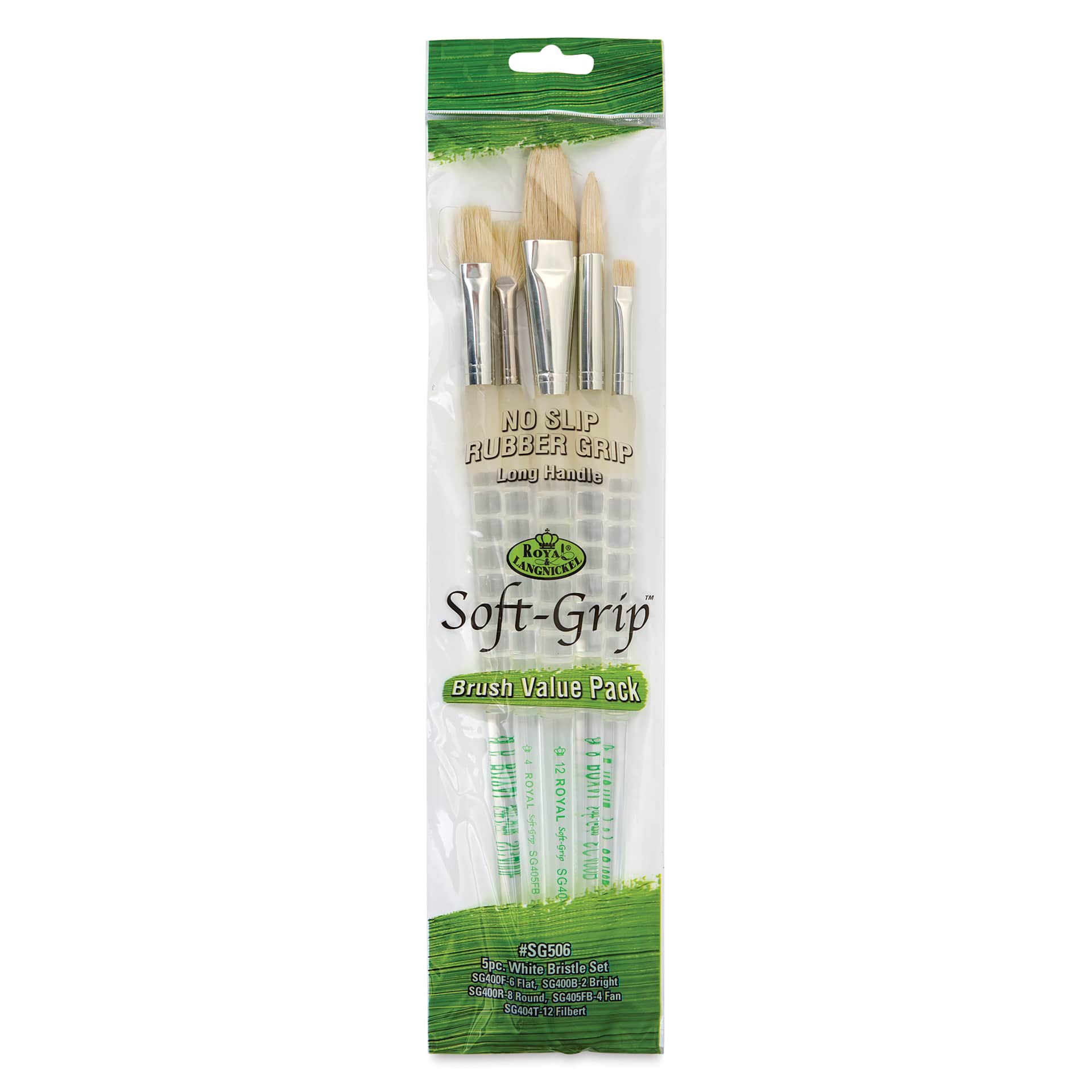 Royal & Langnickel Soft Grip White Hog Bristle Value Brushes - SG506, Set of 5, front of pack Royal & Langnickel Soft Grip White Hog Bristle Value Brushes - SG506, Set of 5, front of pack