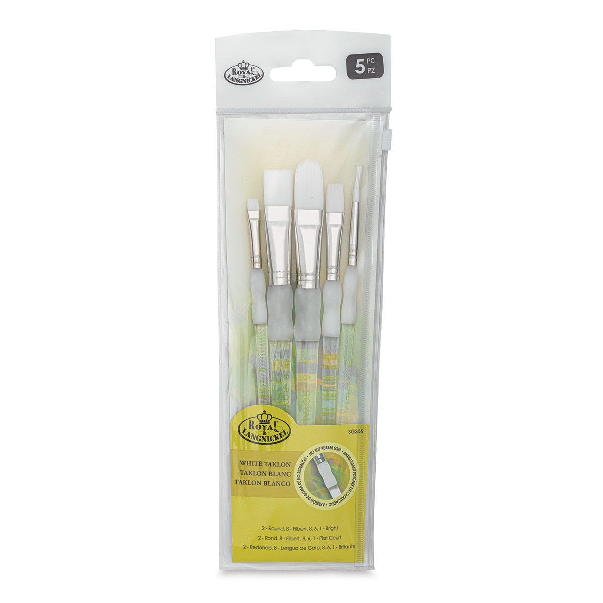 Royal & Langnickel Soft Grip White Taklon Brushes - Set 305, Short Handle, Set of 5, front of the pack Royal & Langnickel Soft Grip White Taklon Brushes - Set 305, Short Handle, Set of 5, front of the pack