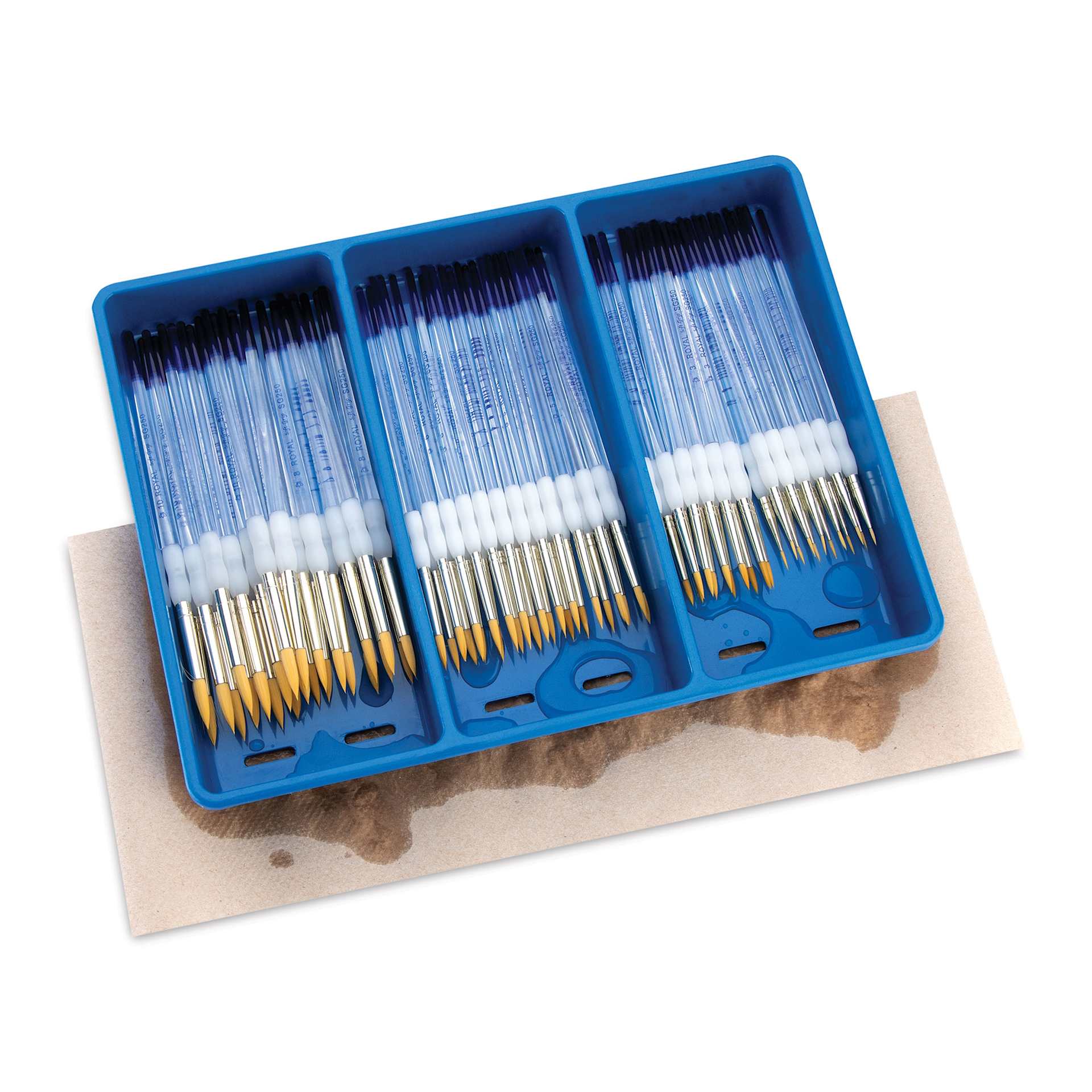 72 count sets of Royal Langnickel Soft Grip Golden Taklon Brushes include a tray with drain holes. 72 count sets of Royal Langnickel Soft Grip Golden Taklon Brushes include a tray with drain holes.