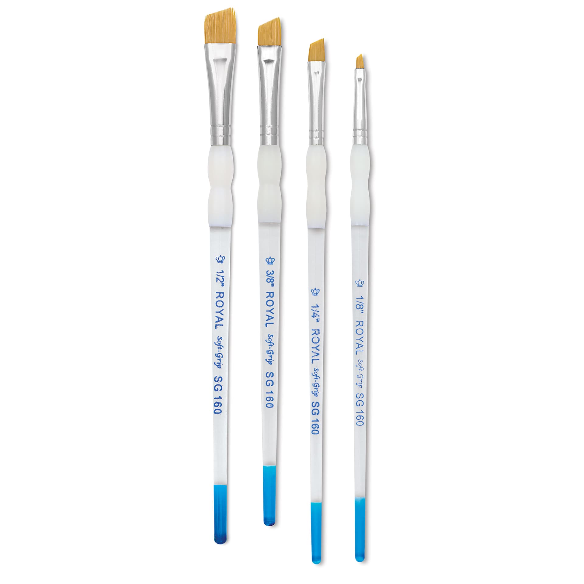 Royal & Langnickel Soft Grip Golden Taklon Angular Brushes laid out